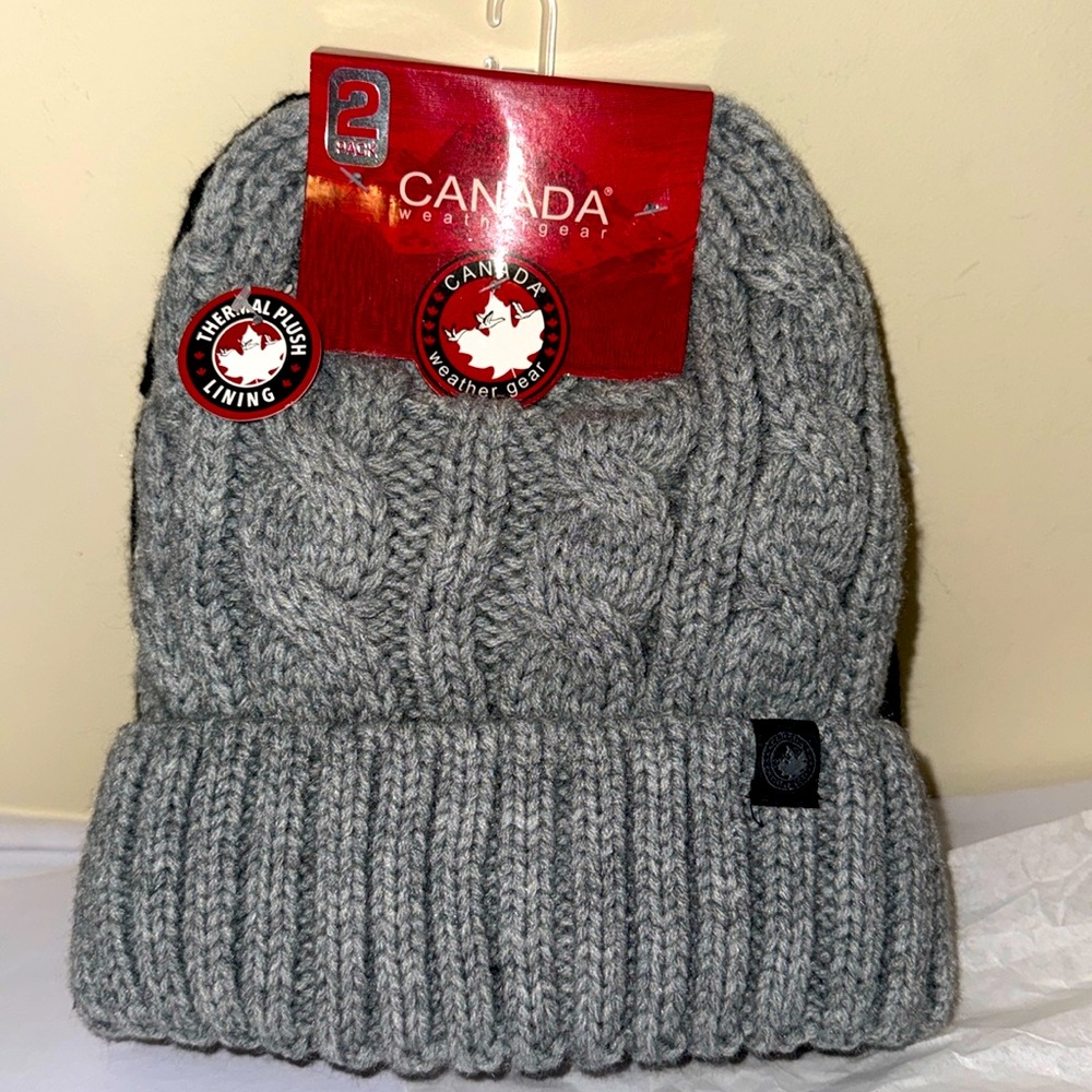 Canadian made Cable knit Beanie Set - Black & Gray, warm hats with plush lining